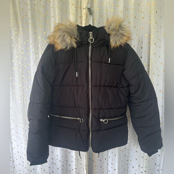 Topshop Nordstrom Removable Faux Fur Hoodie Puffer Zip Up Drawstring Jacket 4 - Picture 4 of 11